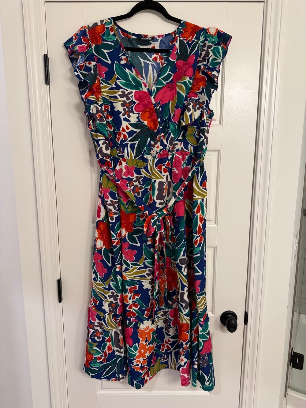 BloomChic Navy Multicolor Floral Tie-Waist Midi Dress